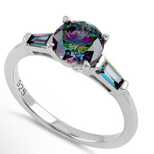Sterling Silver Round and CZ Baguette Cut Rainbow Mystic Topaz Ring New